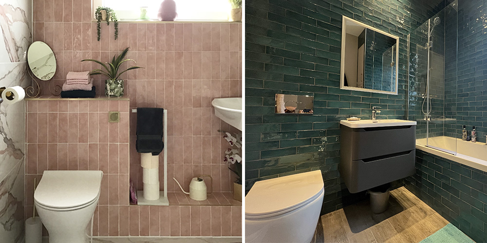 (Left) Vertical Salcombe rose crackle metro tiles, (Right) Horizontal Cavendish teal metro tiles